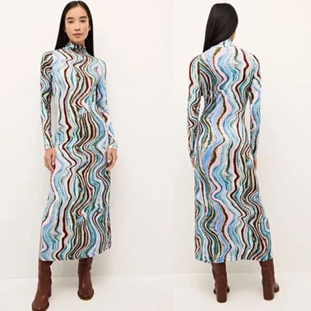 NWT Marie Oliver Paxton Swirl Print Turtleneck Midi Dress Blue Size: Medium